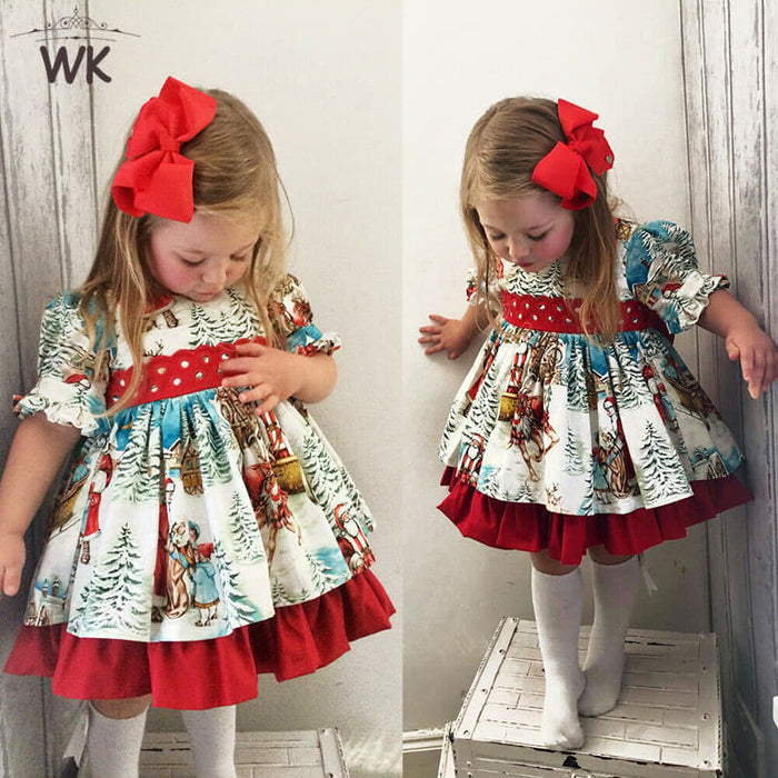 Christmas Scene Dress w/ Red Trim