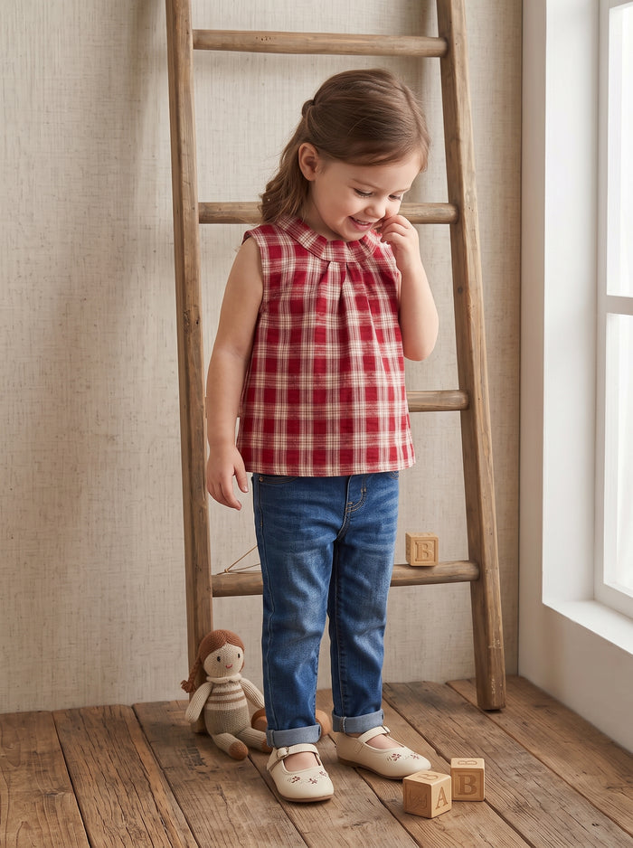 Classic Checkered Ruffle Collar Sleeveless Top