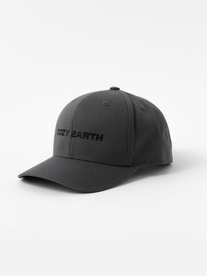 Grey cap with 'COZY EARTH' text on a white background |Color:Charcoal/Black