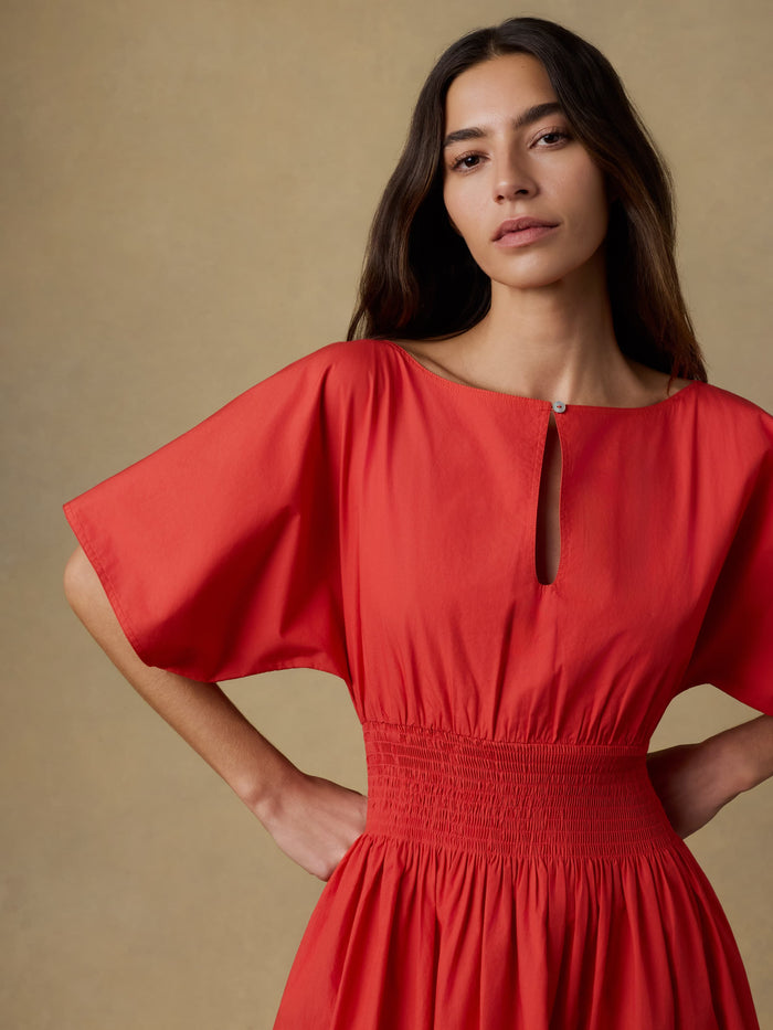 | Coastal Poplin Elia Smocked Dress - Poppy Red | Faherty Brand