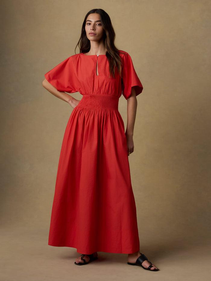 | Coastal Poplin Elia Smocked Dress - Poppy Red | Faherty Brand