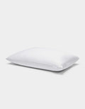 A single Cozy Earth Cooling Pillow Protector in white is displayed against a plain light gray background, featuring a small fabric tag on its side.