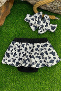 Cow Print Skirted Bummie w/ Headband Bow