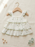 Cream Floral Embroidered Tiered Frill Dress