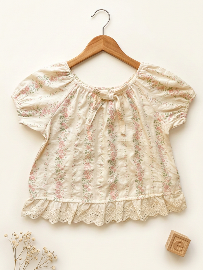 Cream Floral Puff Sleeve Top