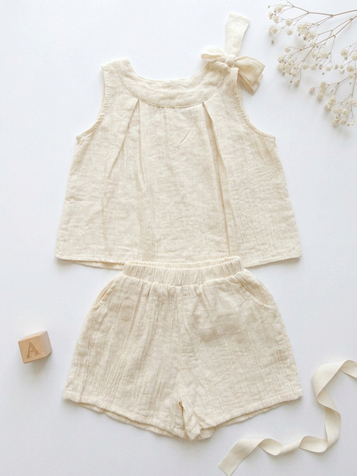 Beige sleeveless top and shorts set with a bow on a white background |snugglat pemium kids wear UAE