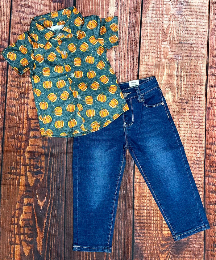 Denim Pumpkins Button Up Shirt