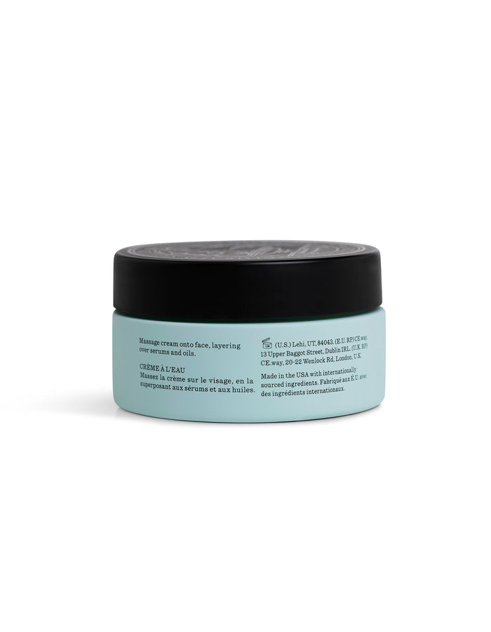 A light blue round jar labeled "The Hydration Duo" by Cozy Earth, with a black lid and side text in English and French detailing directions for use and manufacturing information.