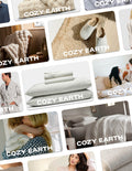 A collage of Cozy Earth products, highlighting the Digital Gift Card and people enjoying their Cozy Earth items at home. Each image displays the "COZY EARTH" brand name.