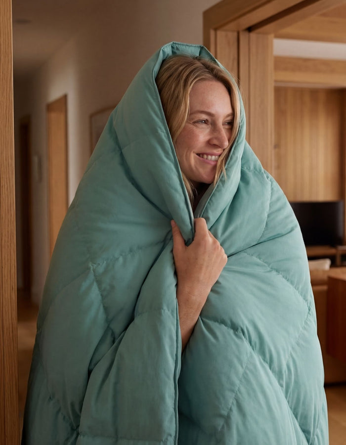 A smiling person stands indoors, wrapped in the Cozy Earth Down Alternative Throw, with wooden door frames and a softly lit room in the background.|Color:Pond