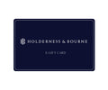Holderness & Bourne E-Gift Card mock-up featuring the “HB” logo and brand name, highlighting its email delivery and personalized message options.