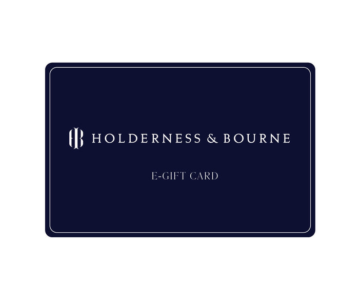 Holderness & Bourne E-Gift Card mock-up featuring the “HB” logo and brand name, highlighting its email delivery and personalized message options.