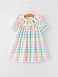 Easter Bunny Embroidery Girls Pink Plaid Bow Dress