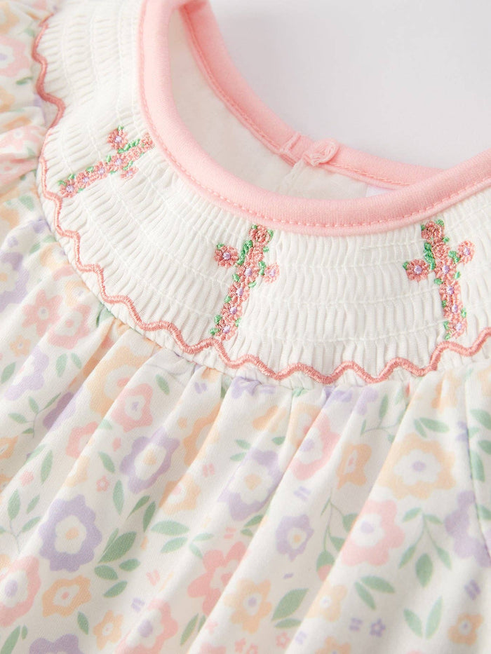 Easter Cross Smocking Embroidery Colorful Romper