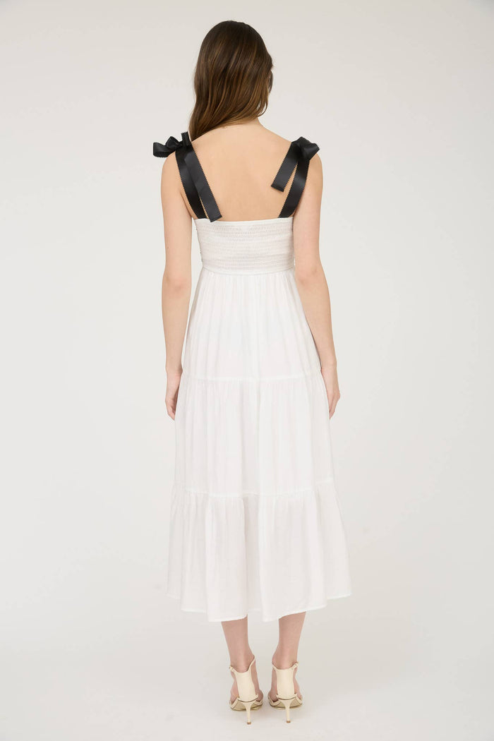 EMBROIDERED DETAIL RIBBON STRAP TIERED MAXI DRESS WHITE