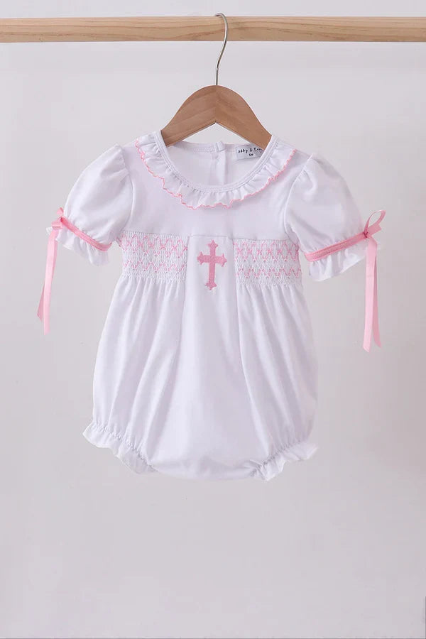 Embroidery Pink cross bubble baby girl