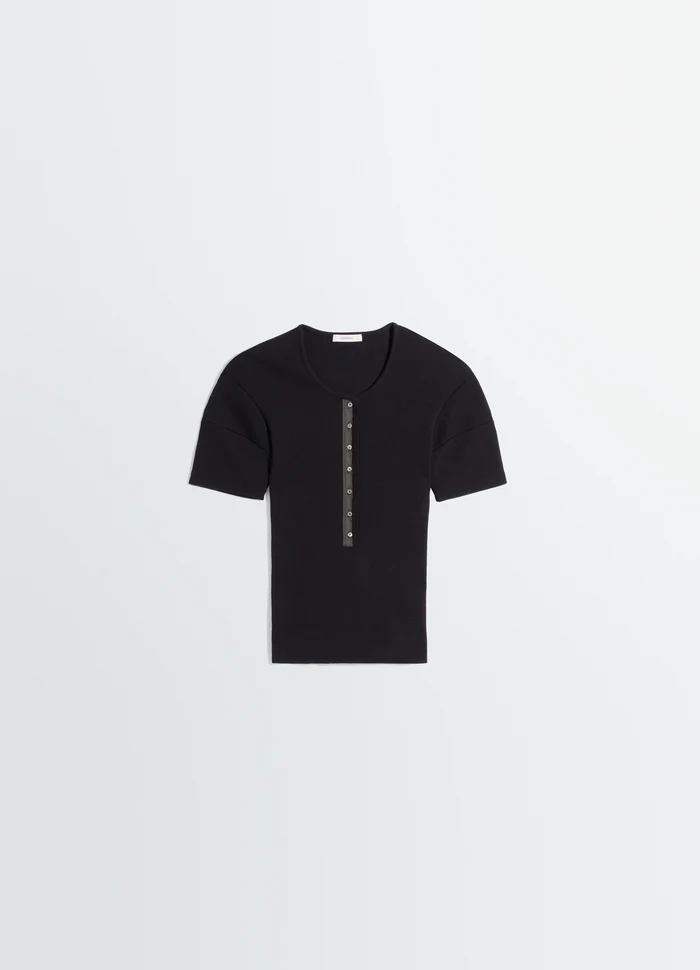 Fitted Henley in Jersey in Cotton Linen Rib Jersey, product shot, top view short sleeves, scoop neck