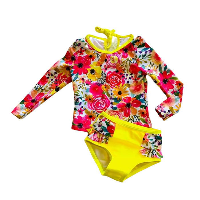 Floral and yellow long-sleeved swimsuit