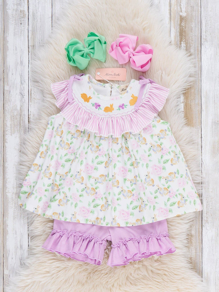 Floral Bunny Rabbits Smocked Ruffle Outfit