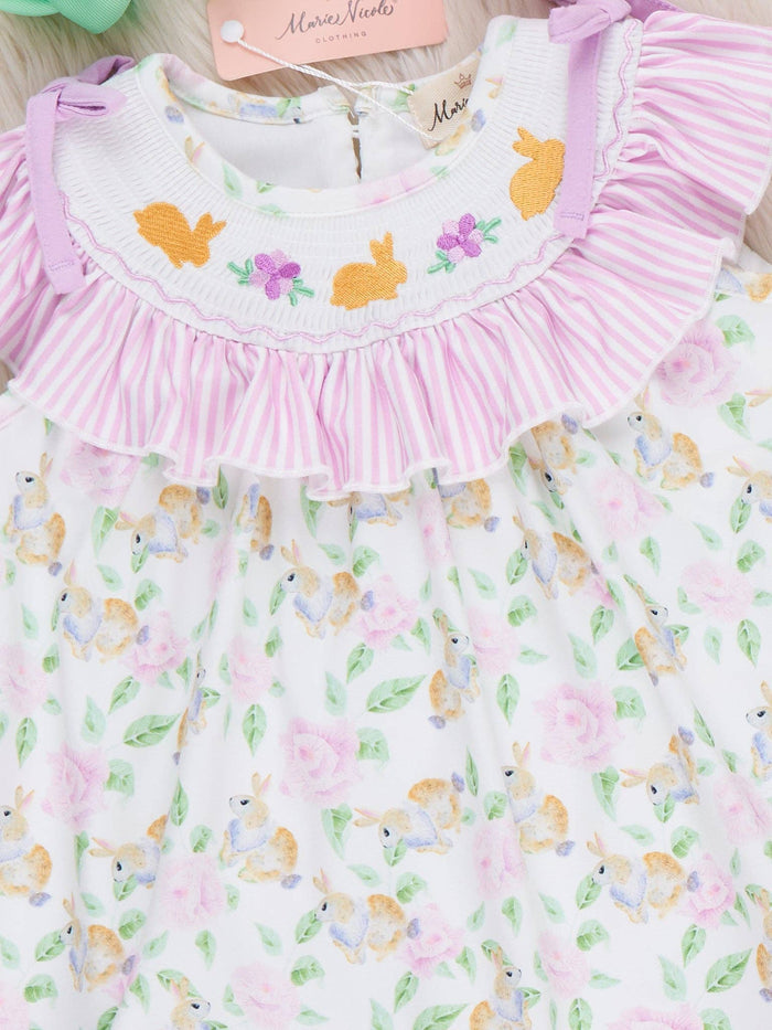 Floral Bunny Rabbits Smocked Ruffle Outfit