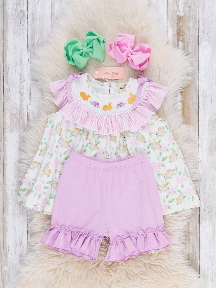 Floral Bunny Rabbits Smocked Ruffle Outfit