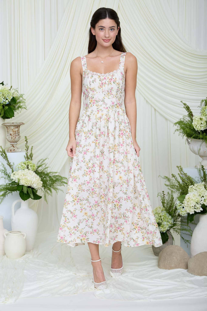FLORAL LACE TRIM CORSET SLEEVELESS MIDI DRESS blue pepper