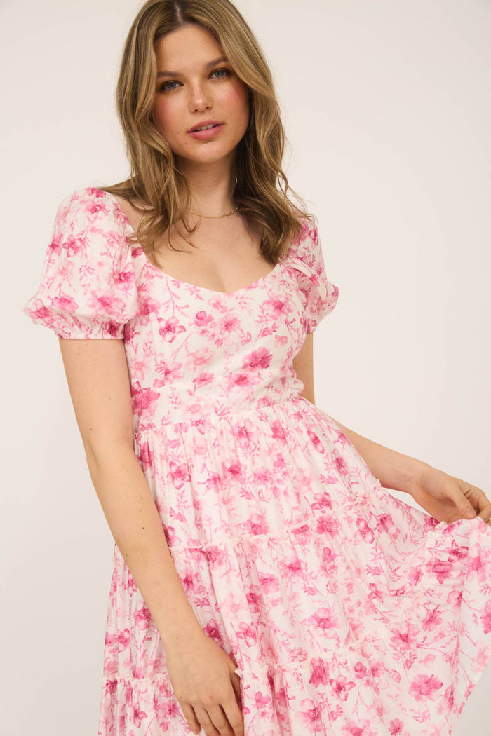 FLORAL OPEN BACK WITH TIE TIERED MINI DRESS: PINK
