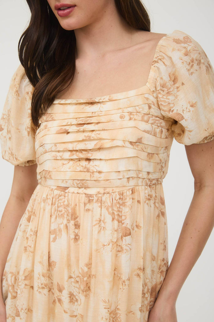 FLORAL PLEATED BALLOON SLEEVE MIDI DRESS: APRICOT MULTI