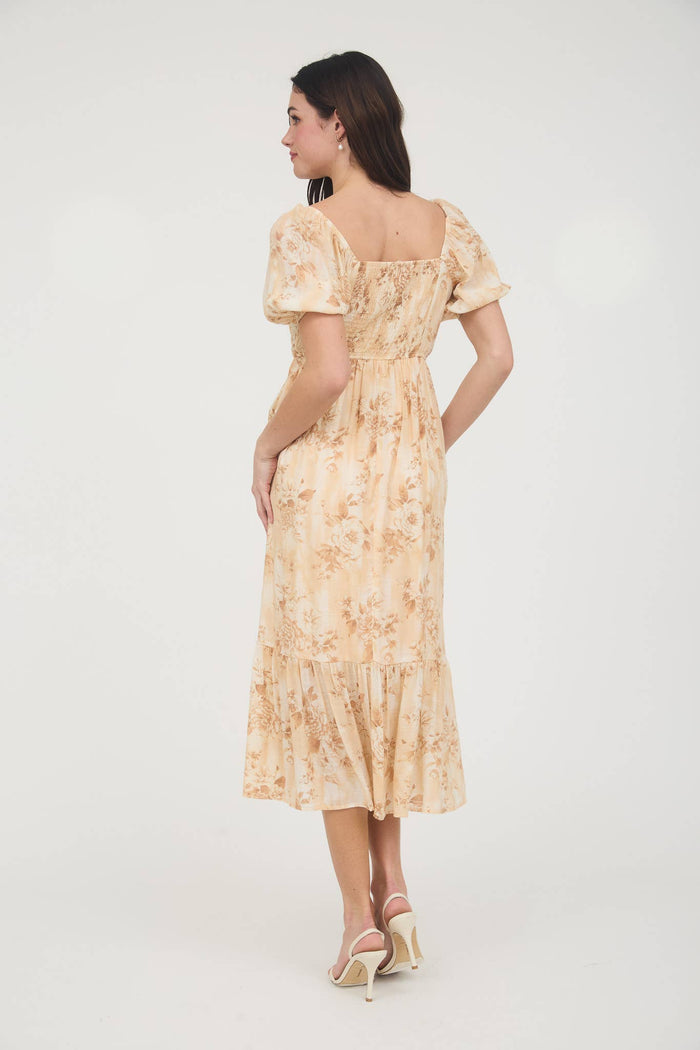 FLORAL PLEATED BALLOON SLEEVE MIDI DRESS: APRICOT MULTI