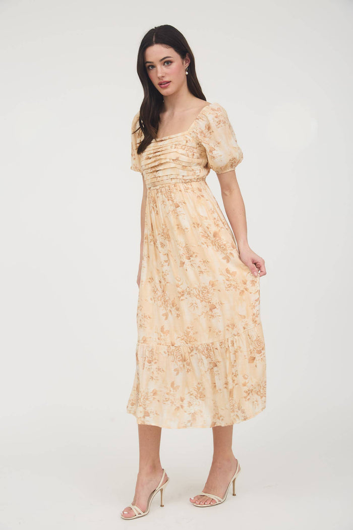 FLORAL PLEATED BALLOON SLEEVE MIDI DRESS: APRICOT MULTI