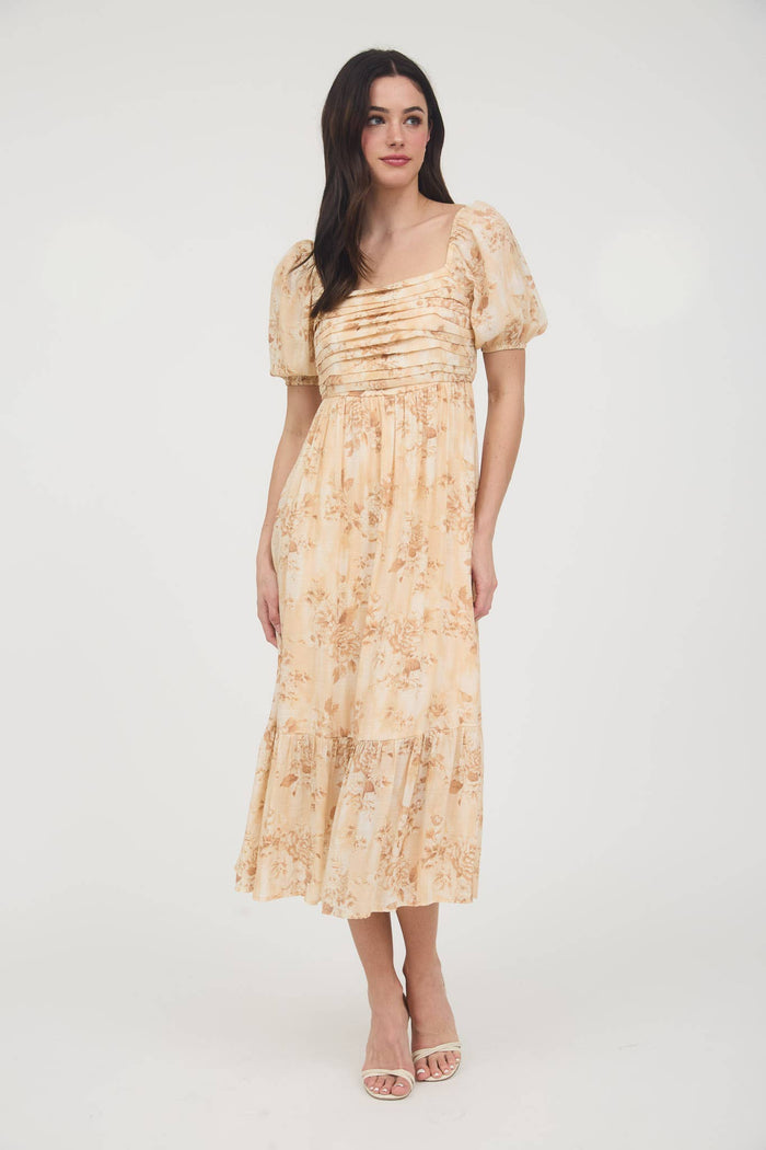 FLORAL PLEATED BALLOON SLEEVE MIDI DRESS: APRICOT MULTI