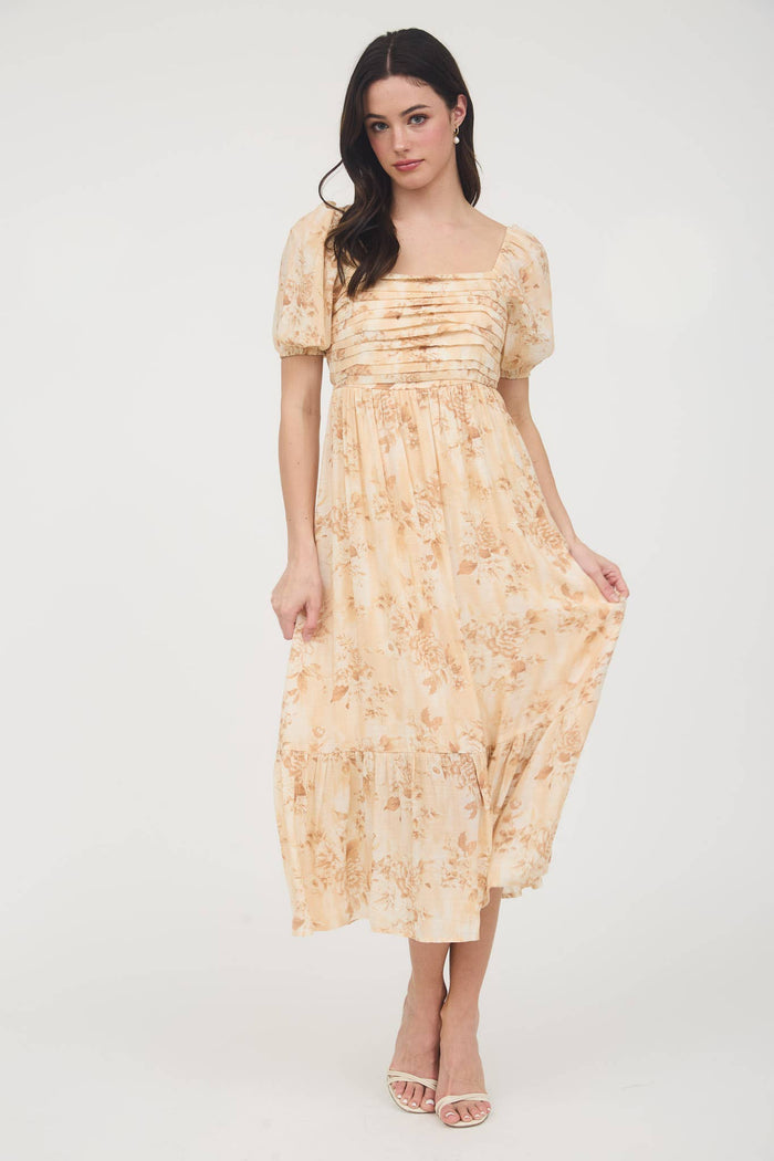FLORAL PLEATED BALLOON SLEEVE MIDI DRESS: APRICOT MULTI