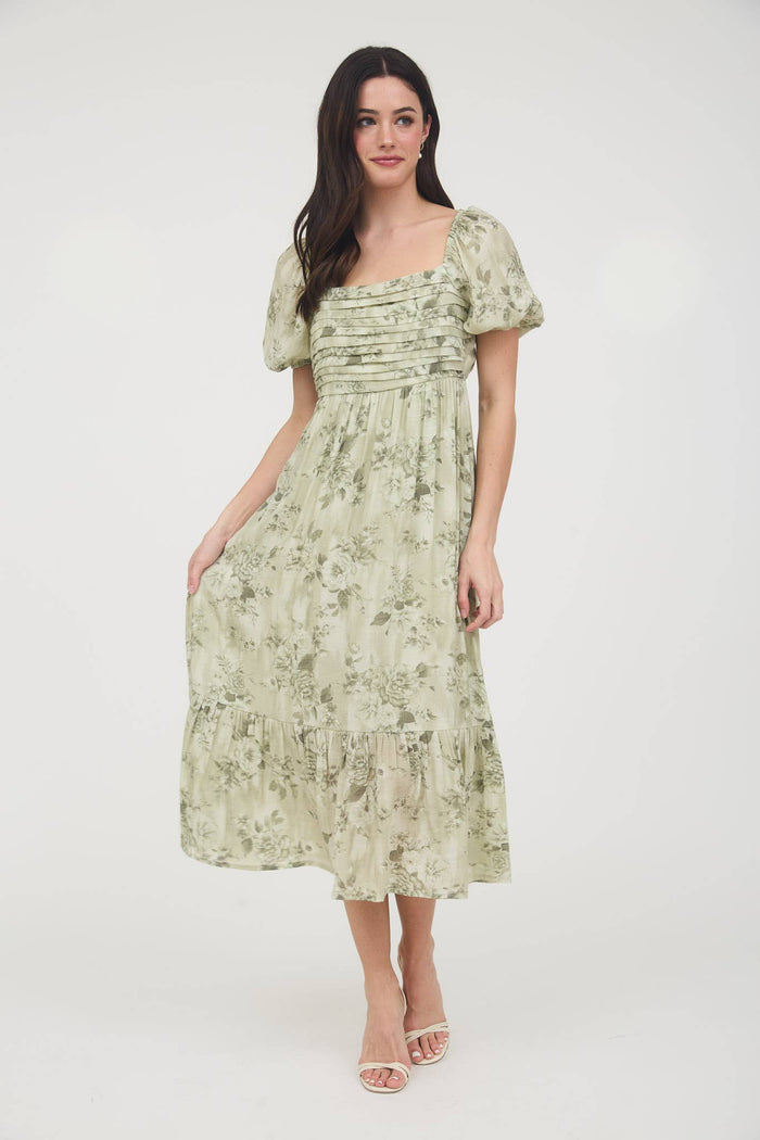 FLORAL PLEATED BALLOON SLEEVE MIDI DRESS: APRICOT MULTI