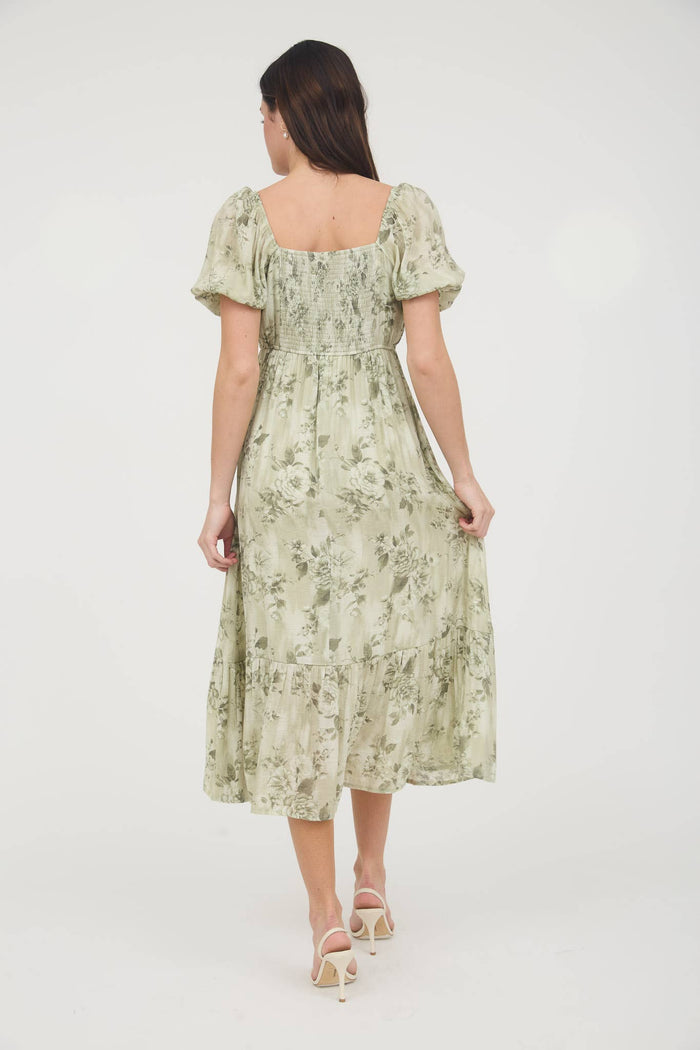 FLORAL PLEATED BALLOON SLEEVE MIDI DRESS: APRICOT MULTI
