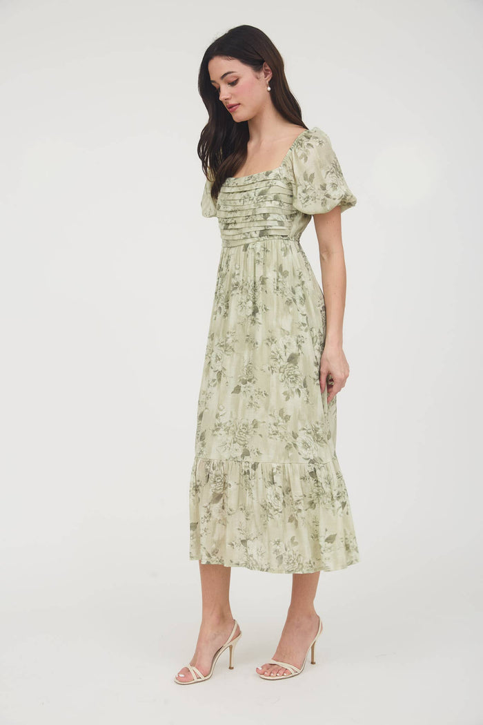 FLORAL PLEATED BALLOON SLEEVE MIDI DRESS: APRICOT MULTI