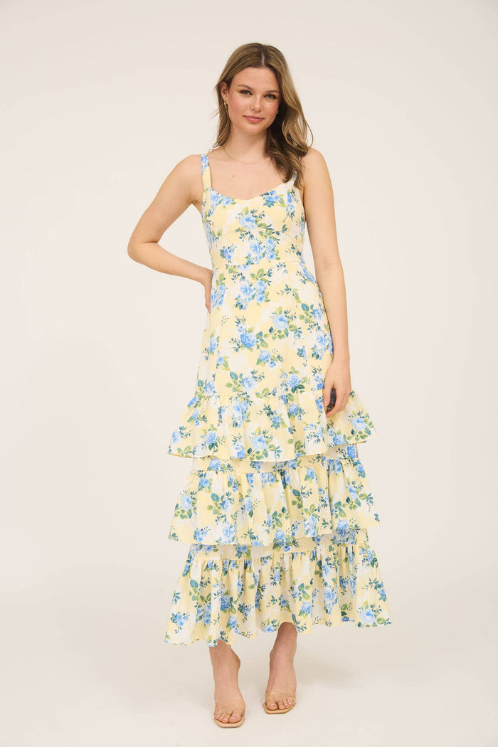 FLORAL SLEEVELESS RUFFLE TIERED HEM MIDI DRESS: YELLOW MULTI