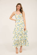 FLORAL SLEEVELESS RUFFLE TIERED HEM MIDI DRESS: YELLOW MULTI