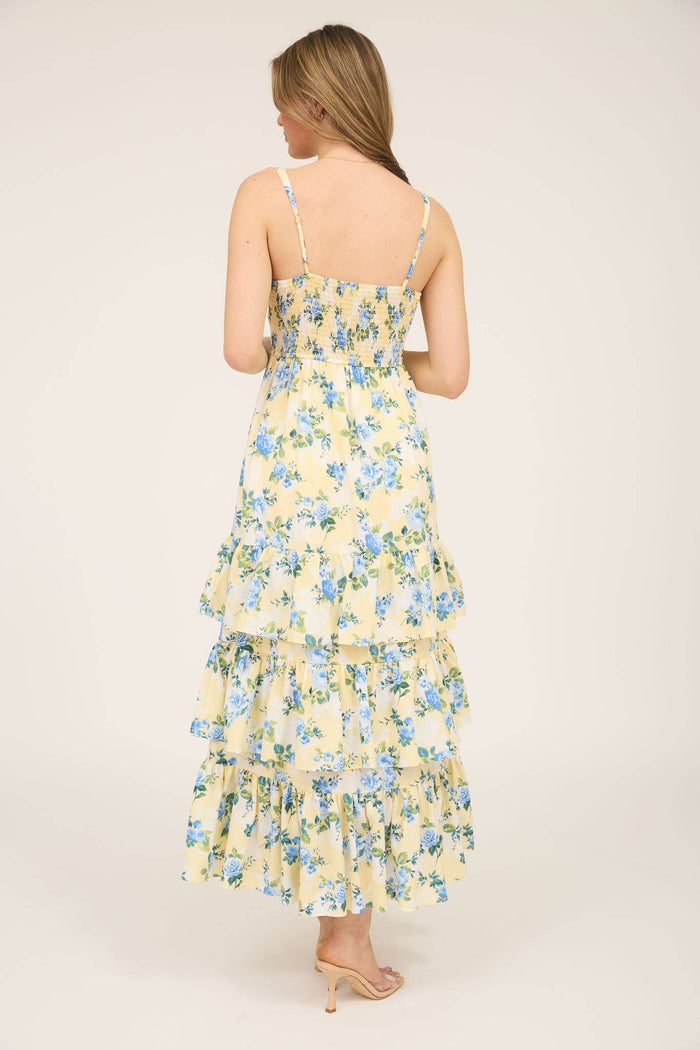 FLORAL SLEEVELESS RUFFLE TIERED HEM MIDI DRESS: YELLOW MULTI