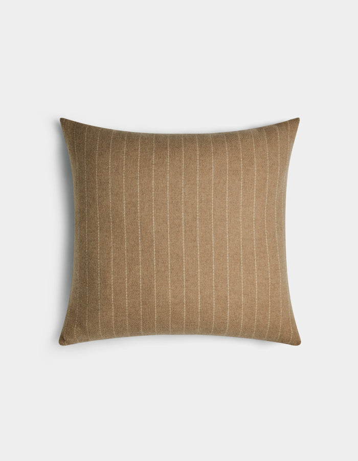 The Florence Pillow by Cozy Earth features a square beige design with thin vertical white pinstripes, shown on a plain white background.|Color:Brandy