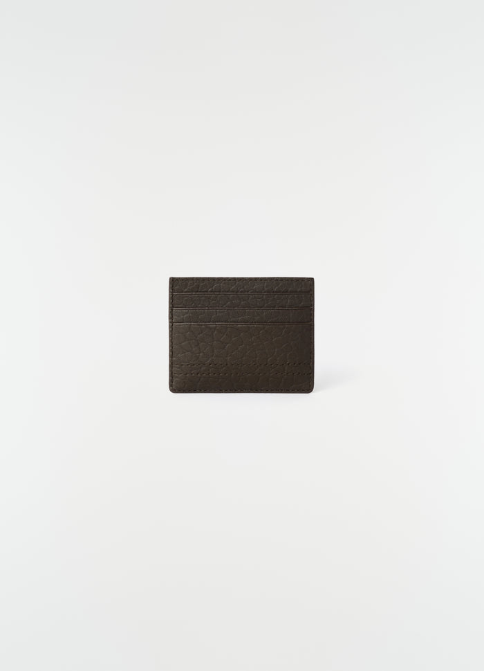Gear card holder in dark brown bubble lambskin leather LEMAIRE front view on white background