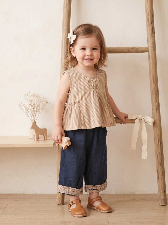 Gingham Peplum Top & Ruffle-Trim Pants Set