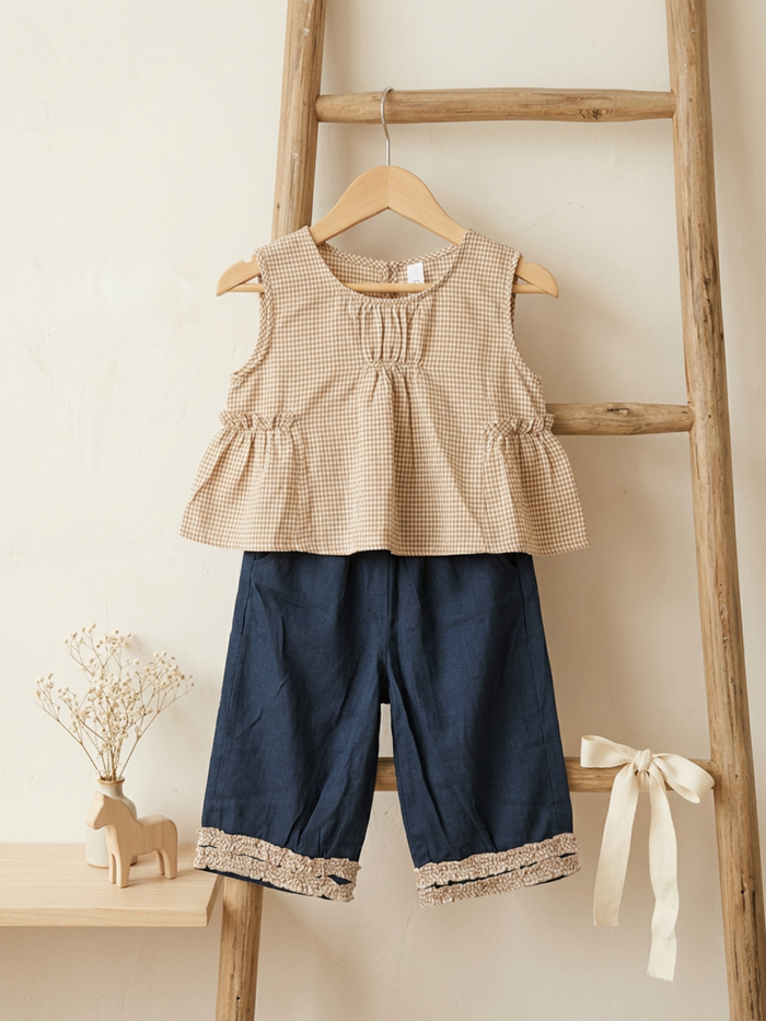 Gingham Peplum Top & Ruffle-Trim Pants Set