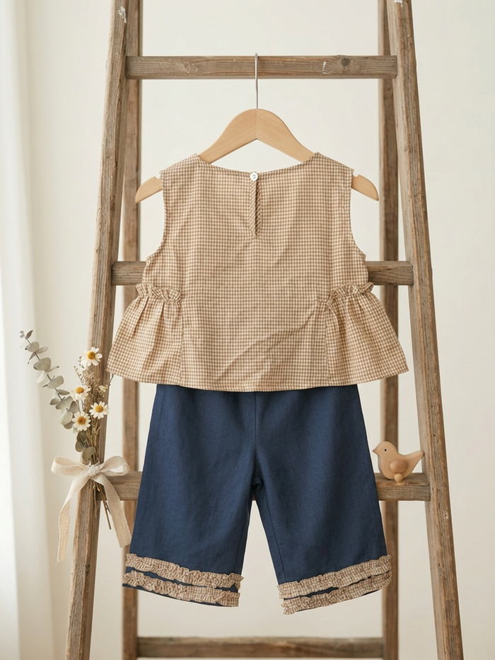 Gingham Peplum Top & Ruffle-Trim Pants Set