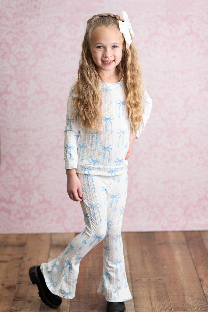 Girls Coquette Blue Bow Cable Knit Flare bottom Set