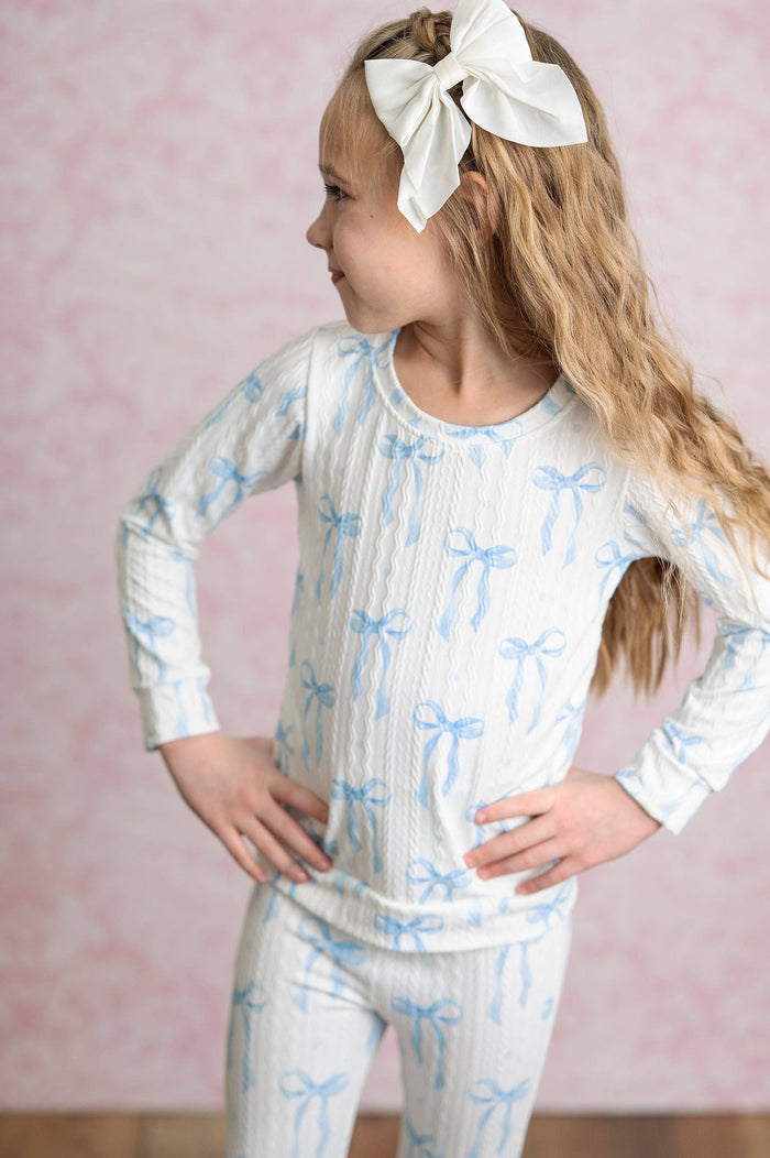 Girls Coquette Blue Bow Cable Knit Flare bottom Set