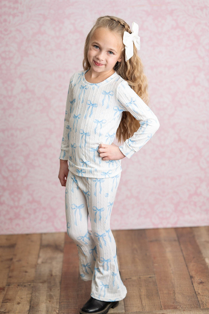 Girls Coquette Blue Bow Cable Knit Flare bottom Set