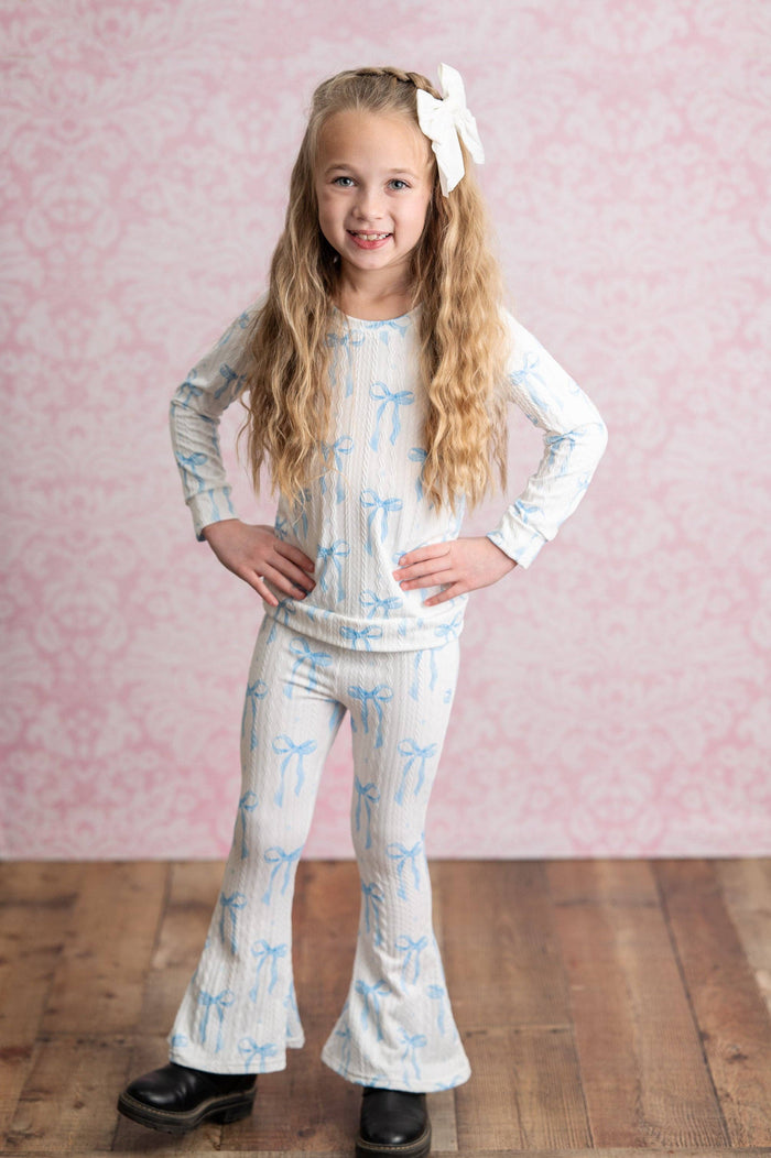 Girls Coquette Blue Bow Cable Knit Flare bottom Set
