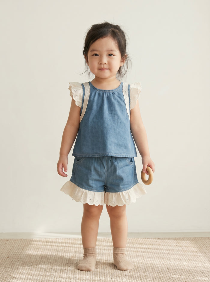 Girls' Denim & Lace Flutter Two-Piece Set