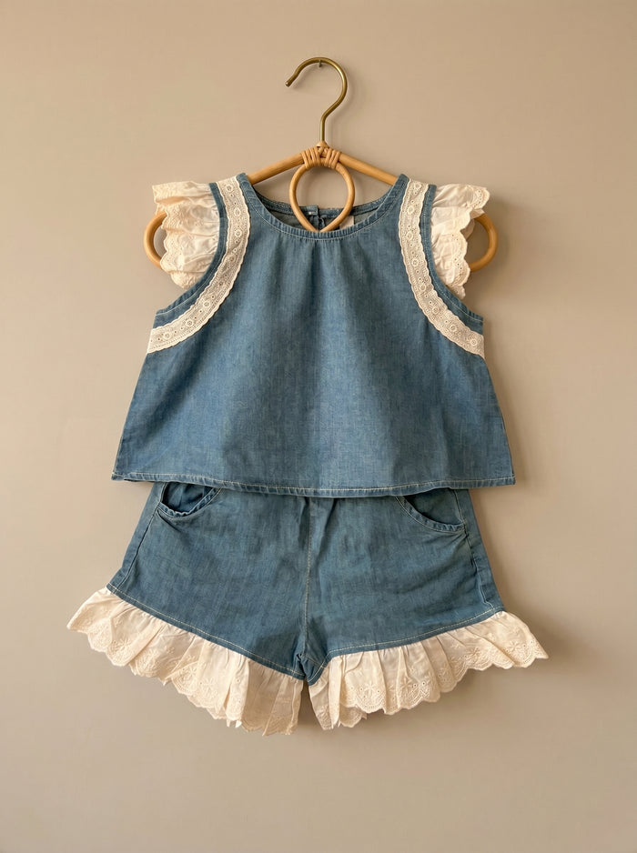 Girls' Denim & Lace Flutter Two-Piece Set