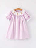 Girls Easter Bunny Smocking Embroidered Lace Cuff Purple Dress
